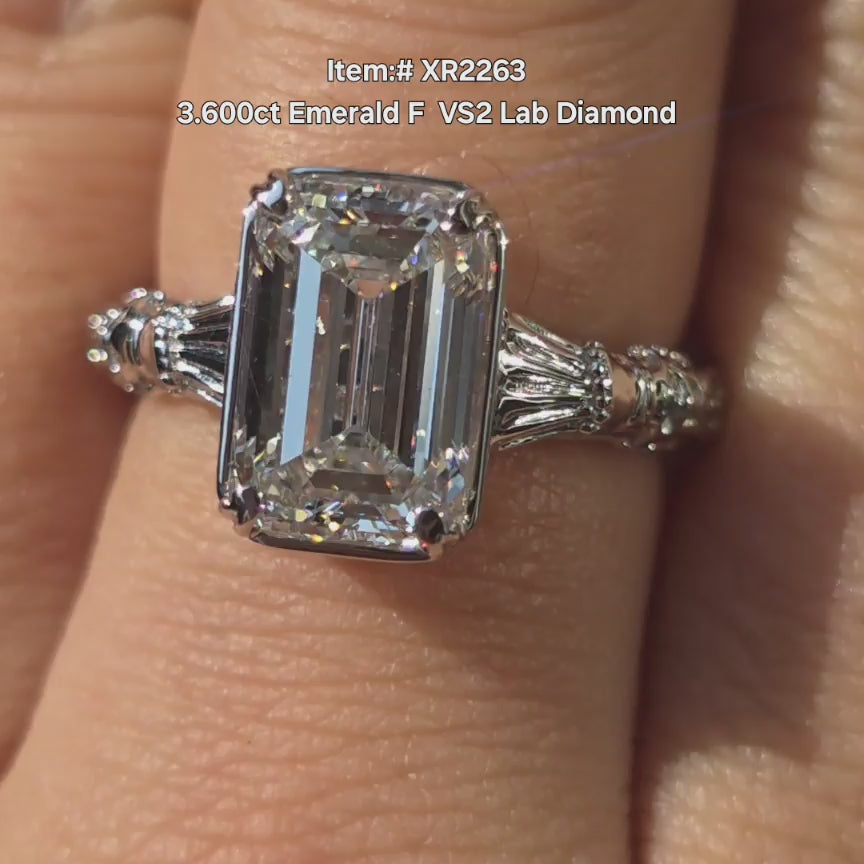 DovEggs Emerald Lab Diamond ring sparkling in sunlight video.