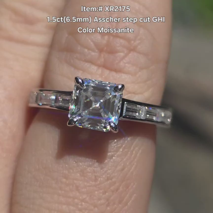 DovEggs asscher side stones moissanite ring in sunlight
