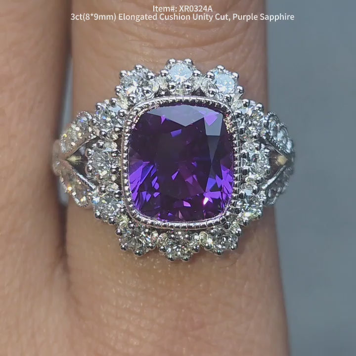 DovEggs Elongated Cushion Unity purple sapphire engagement ring sparkling in sunlight video