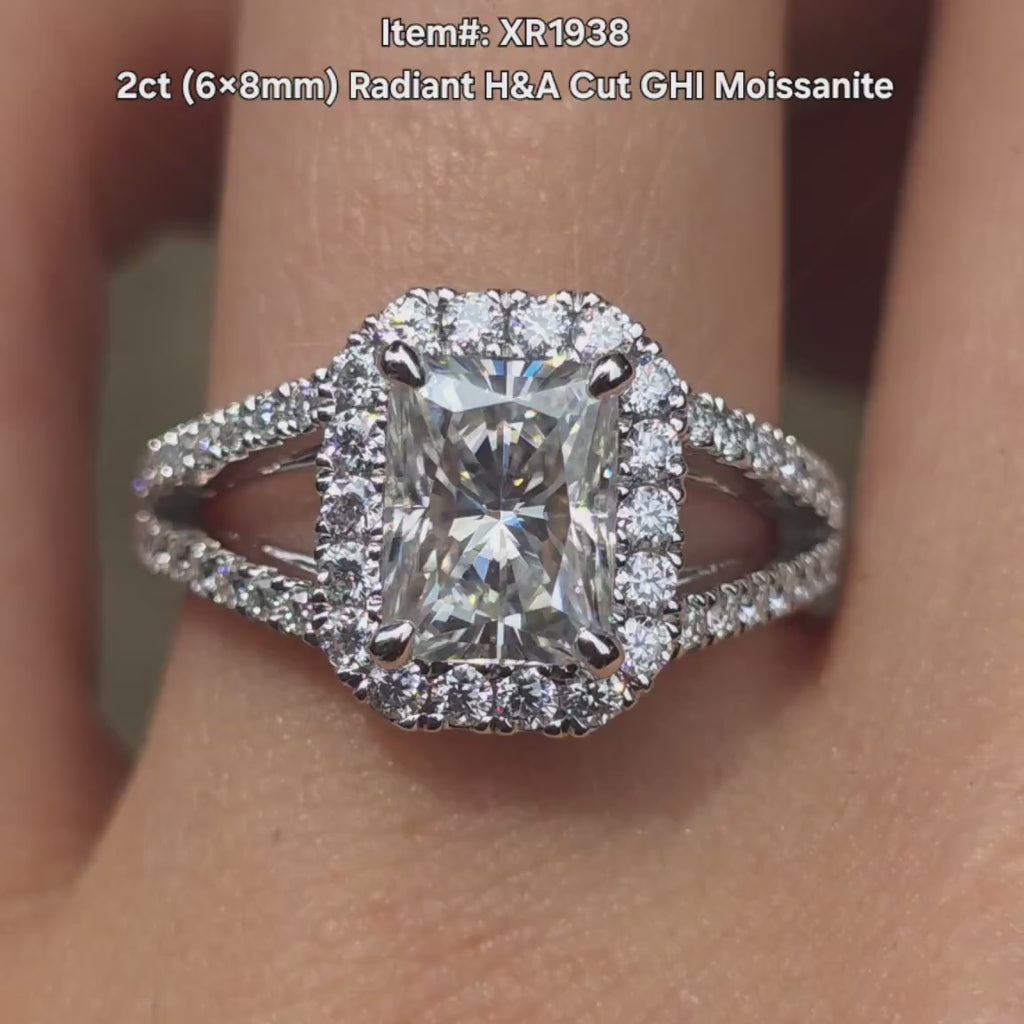 DovEggs radiant halo split shanks moissanite engagement ring video