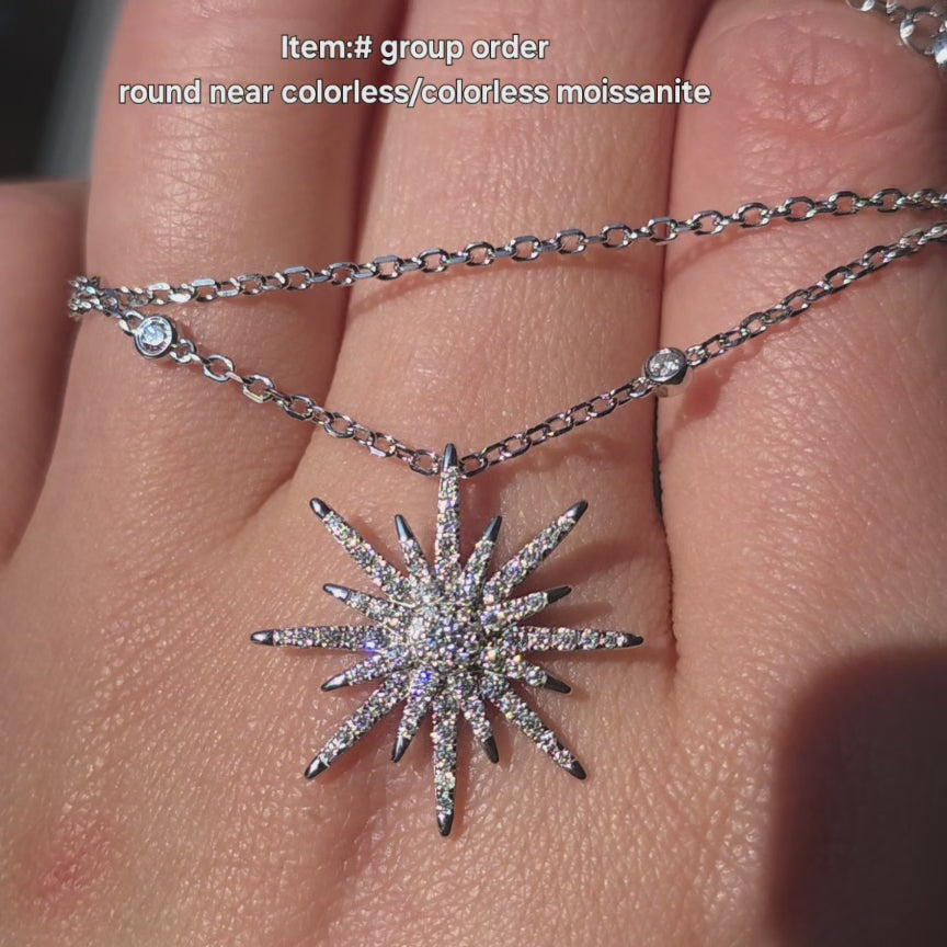 DovEggs Starburst round moissanite or lab diamond pendant necklace with chain