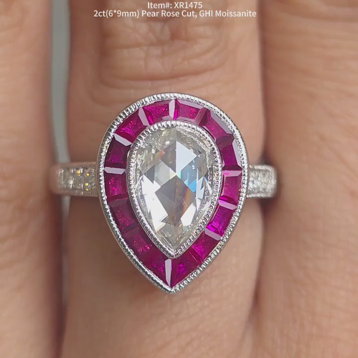 DovEggs GHI color Rose cut pear moissanite engagement ring sparkling in sunlight video