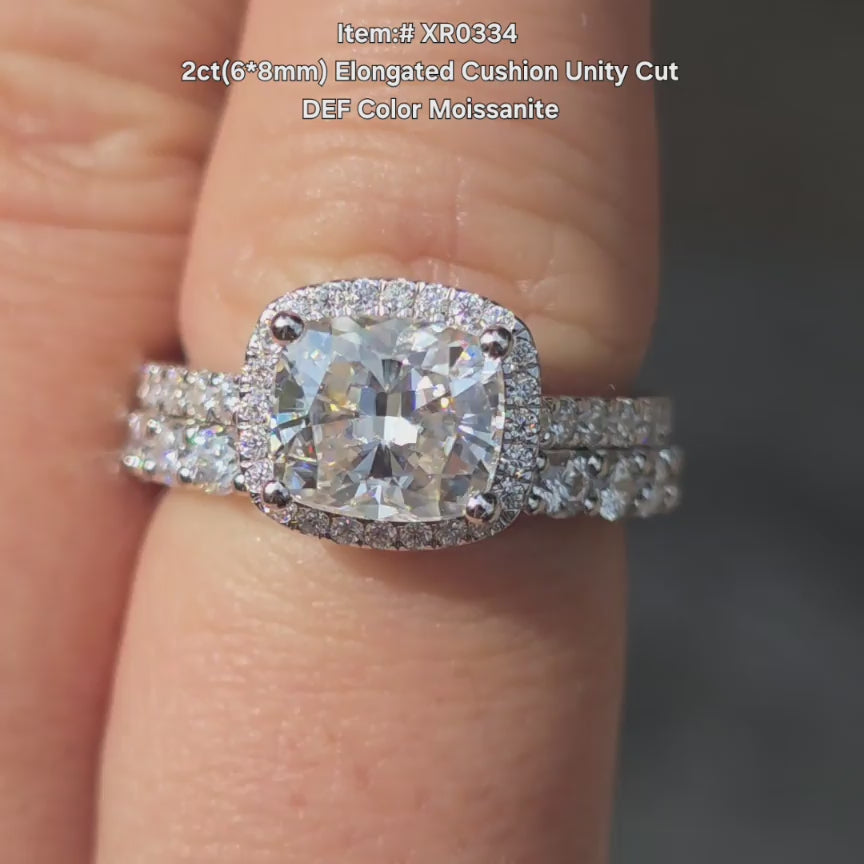 DovEggs DEF color Elongated cushion  moissanite ring sparkling in sunlight video