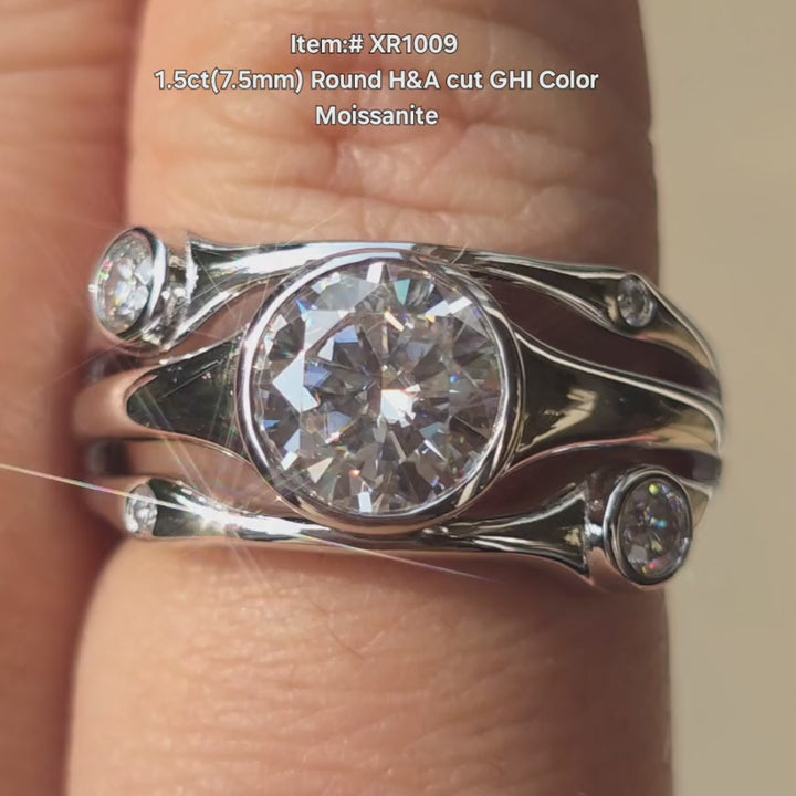 Doveggs 1.5ct round moissanite engagement ring with bezel setting outside video.