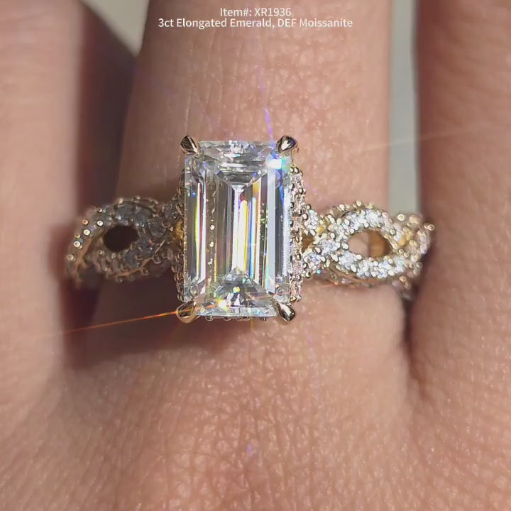 DovEggs emerald split shanks pave moissanite engagement ring video in sunlight