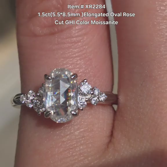 DovEggs Elongated oval rose cut moissanite engagement ring sparkling in sunlight video