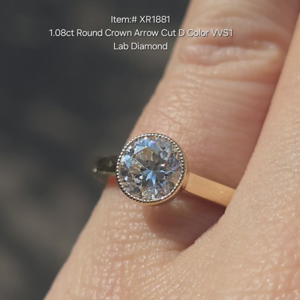 DovEggs Round Crown arrow cut lab diamond ring sparkling in sunlight video.