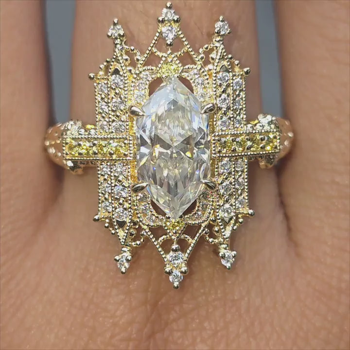 DovEggs GHI color new Marquise moissanite ring sparkling in sunlight video
