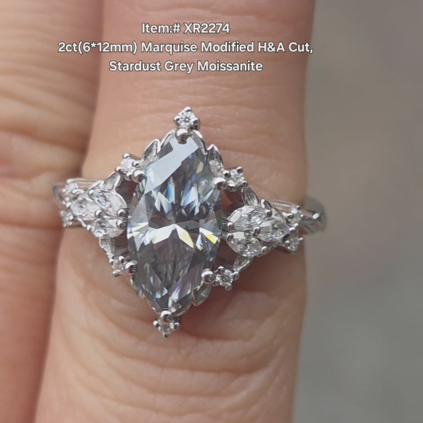 2ct(6*12mm) Marquise Modified H&A Cut,Stardust Grey Moissanite