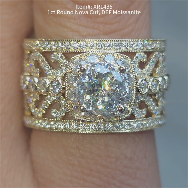 DovEggs 1ct Round Nova cut DEF color moissanite ring sparkling in sunlight video.