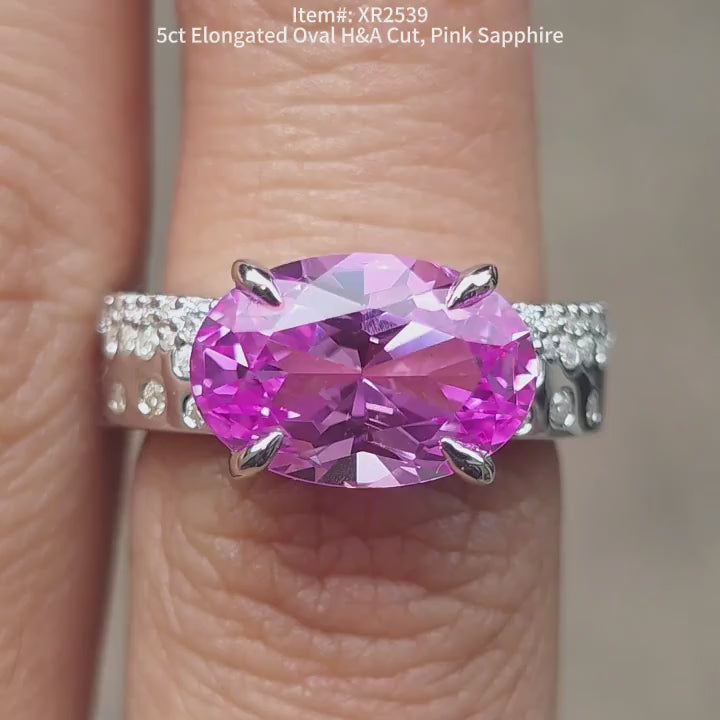 DovEggs elongated oval pink sapphire art deco pave moissanite engagement ring video