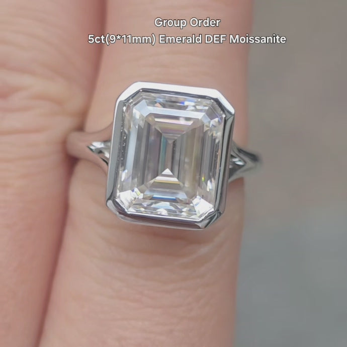 DovEggs emerald bezel solitaire moissanite engagement ring video