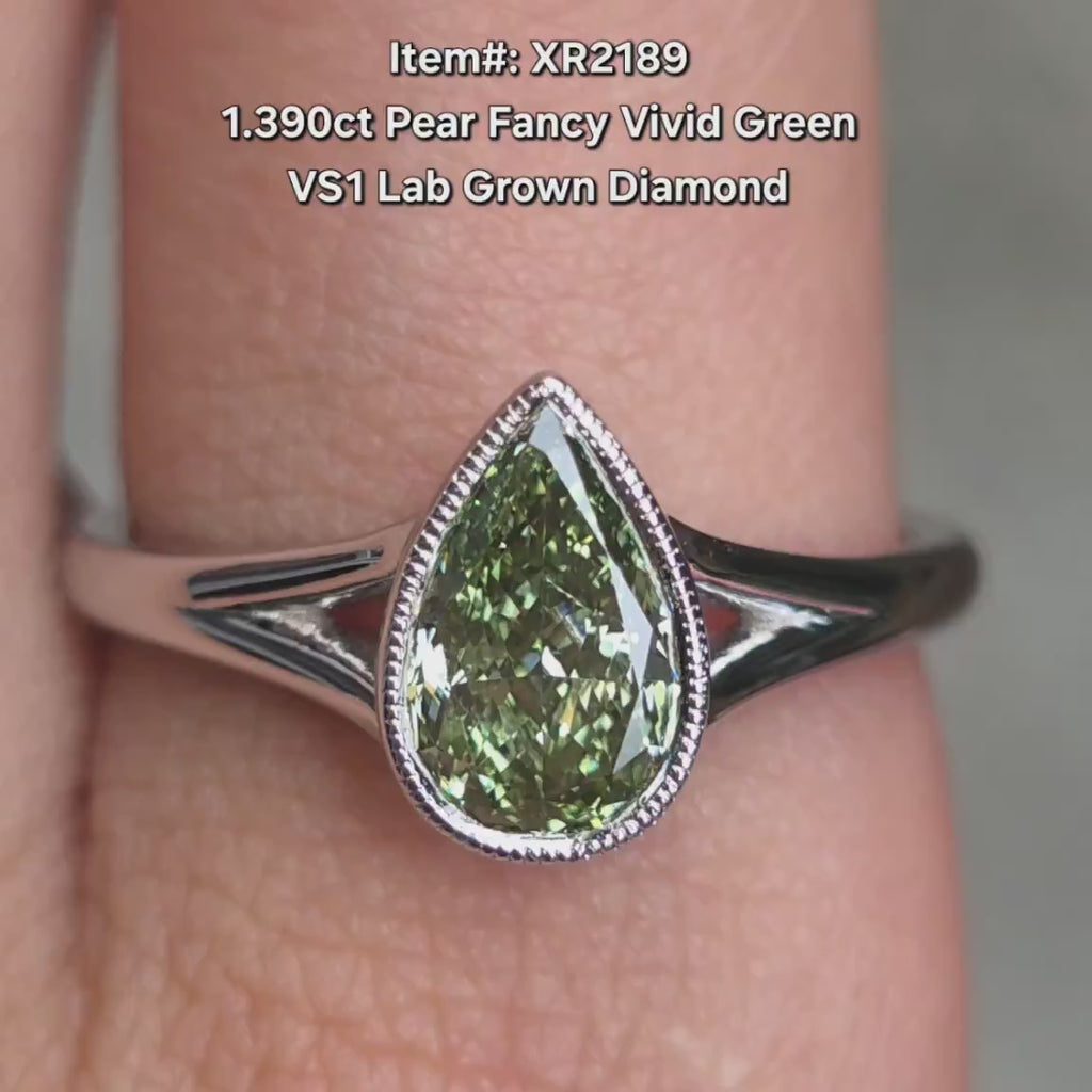 DovEggs fancy vivid green pear bezel solitaire split shanks lab diamond engagement ring video