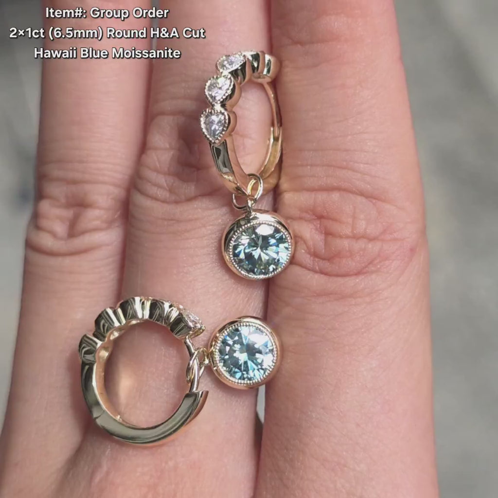 DovEggs round heart art deco hawaii blue moissanite dangle earrings video