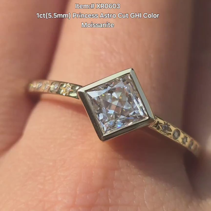 DovEggs princess astro cut bezel with art deco band engagement ring in sunlight