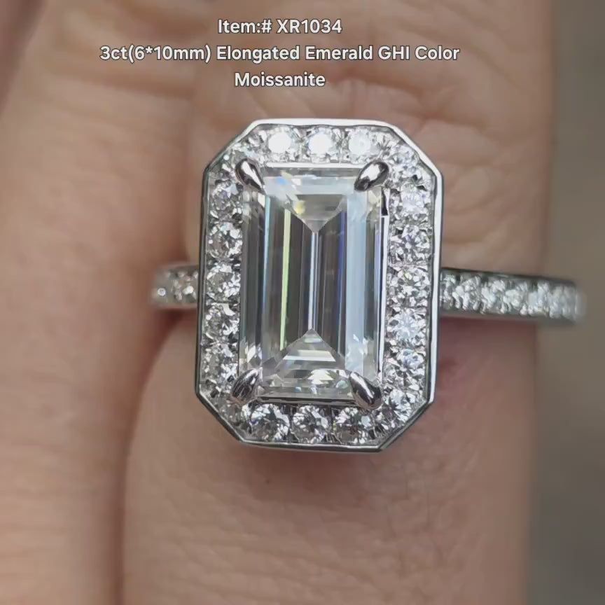 DovEggs elongated emerald halo moissanite engagement ring video