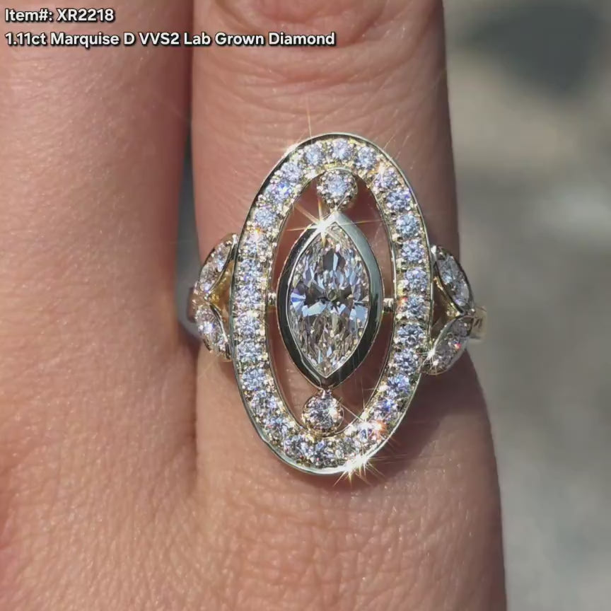 DovEggs Marquise bezel art deco vintage pave lab diamond engagement ring video in sunlight