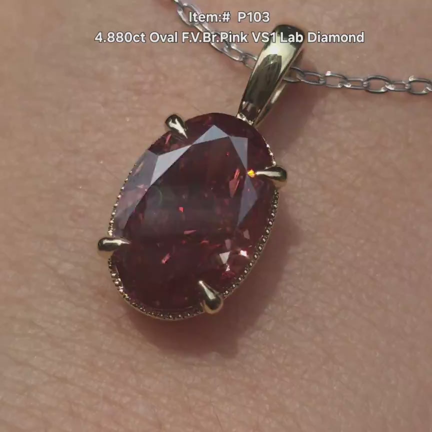 DovEggs solitaire oval facy vivid crown pink color lab diamond pendant necklace