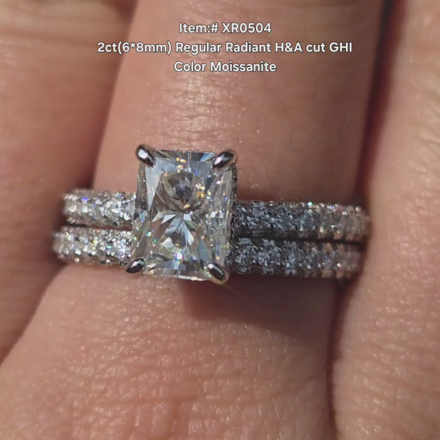 DovEggs H&A Radiant GHI color moissanite ring sparkling in sunlight video
