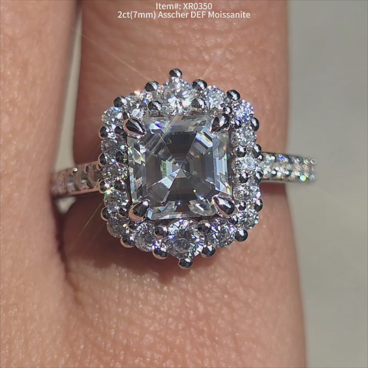 DovEggs 2ct Asscher cut DEF color moissanite ring | halo engagement ring on-hand video .