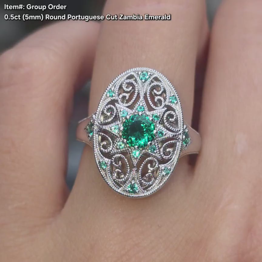 DovEggs round vintage carved zambia emerald colored gem engagement ring video