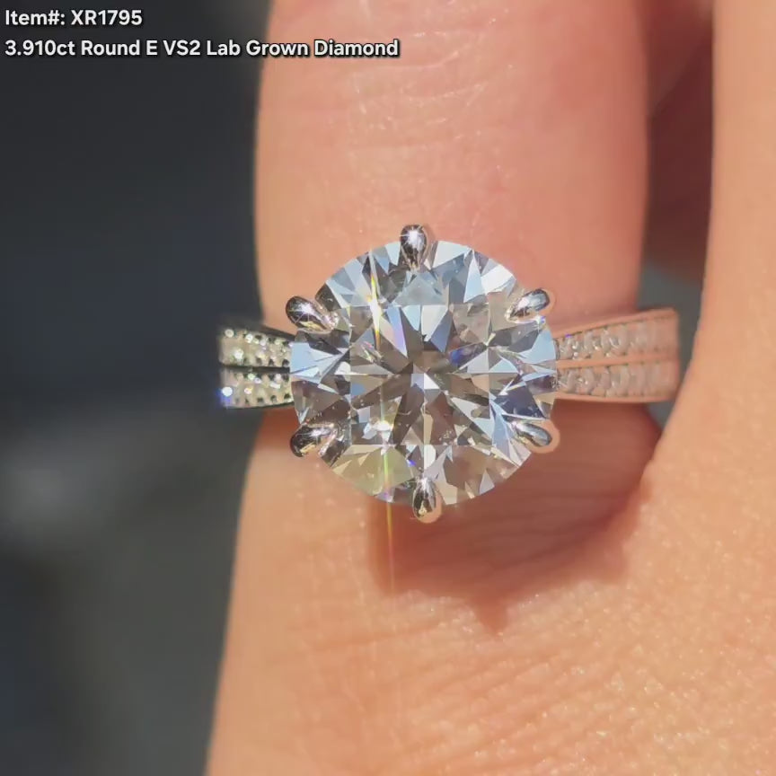 DovEggs round pave half eternity lab diamond engagement ring video in sunlight