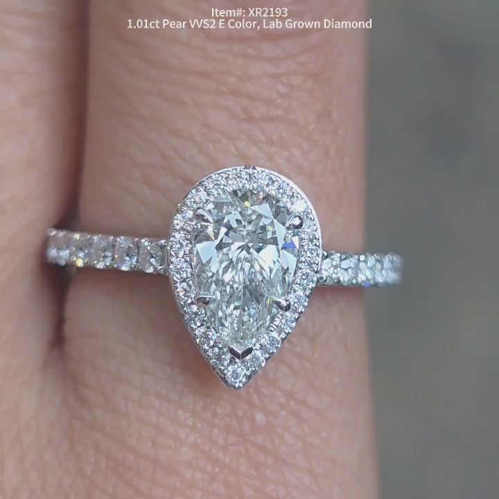 DovEggs 1.01ct Pear Shaped Lab Grown Diamond Ring – Brilliant Cut Halo Engagement Ring for Women