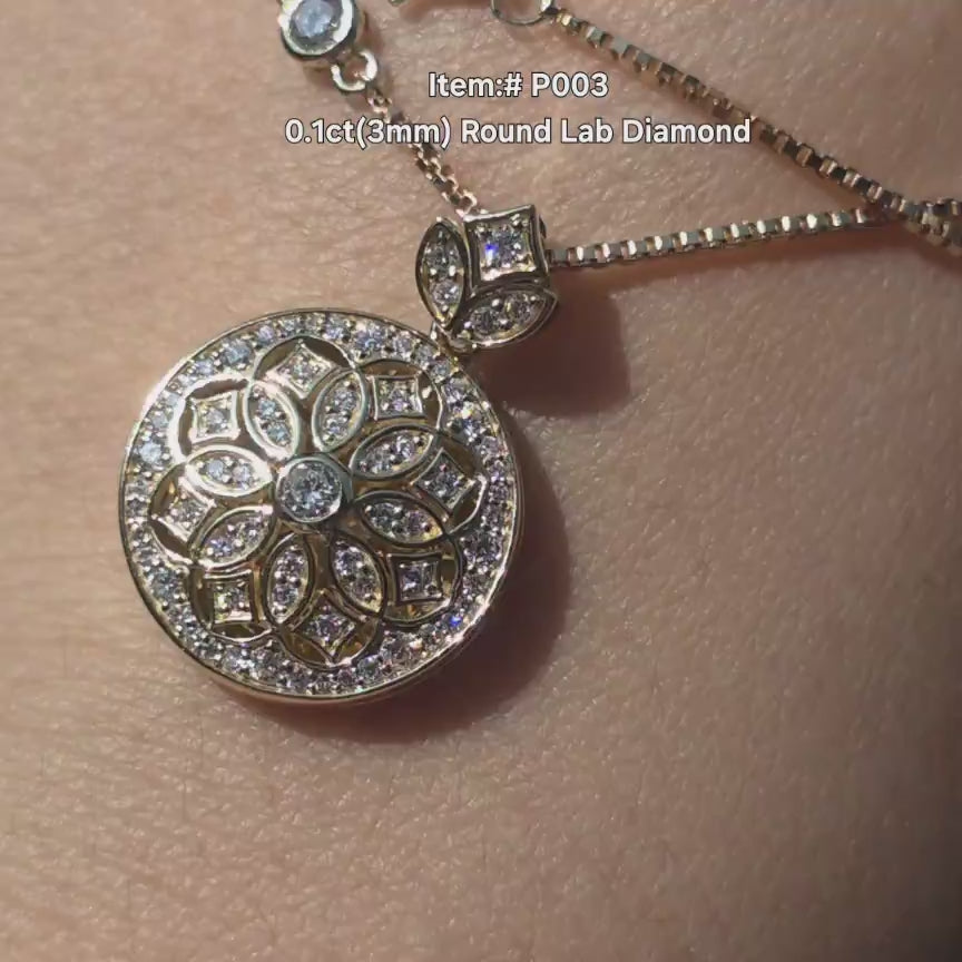 Doveggs round floral vintage moissanite/lab grown diamond pendant necklace video 