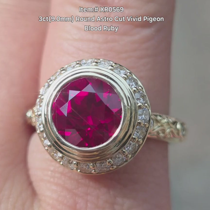 DovEggs 3ct Round Astro cut Ruby Engagement ring in bezel setting video.