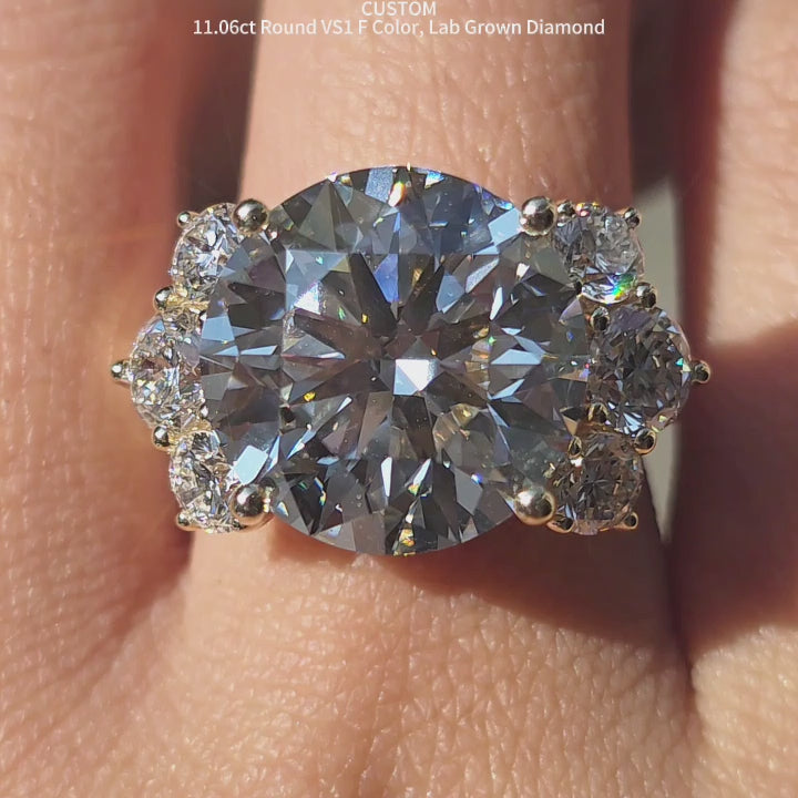 DovEggs item#XR2516 engagement ring set with 11.06ct lab diamond, sparkles under sunlight