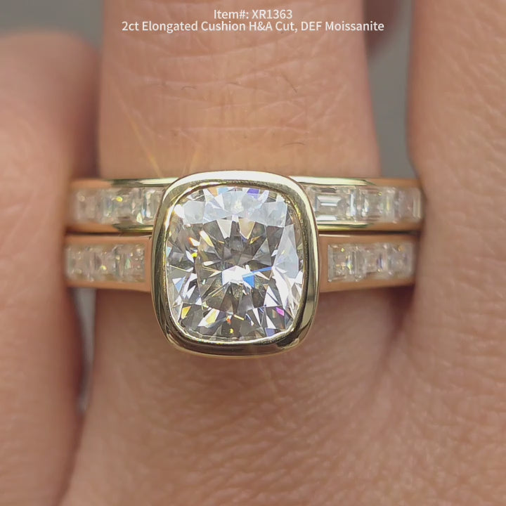 2ct Elongated Cushion H&A Cut, DEF Moissanite