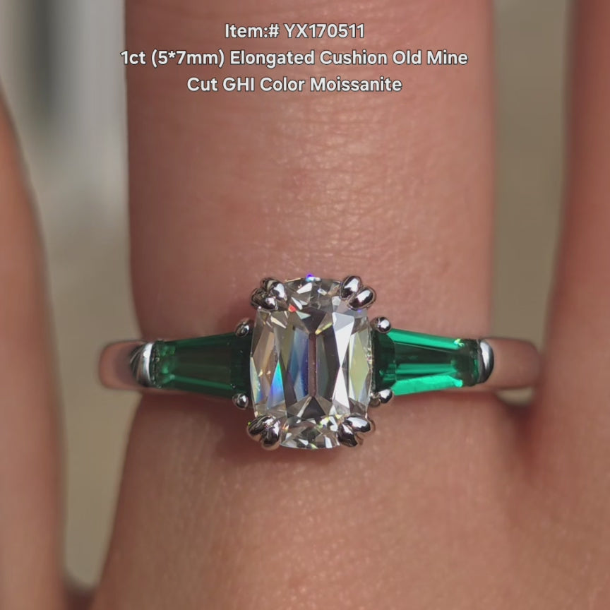 DovEggs cushion old mine cut GHI color moissanite ring sparkling in sunlight video.