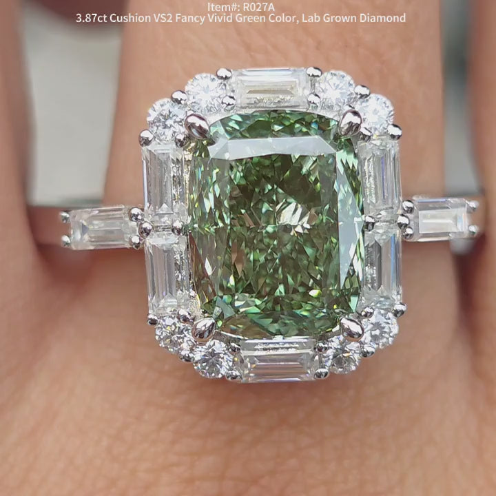 DovEggs 3.87ct Fancy vivid green Lab Grown Diamond Ring – Cushion cut Halo Engagement Ring for Women