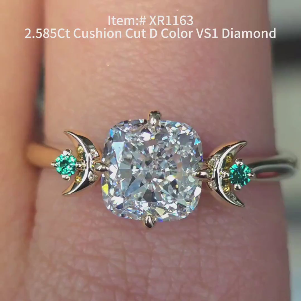 DovEggs cushion lab diamond three stones half moon engagement ring in sunlight