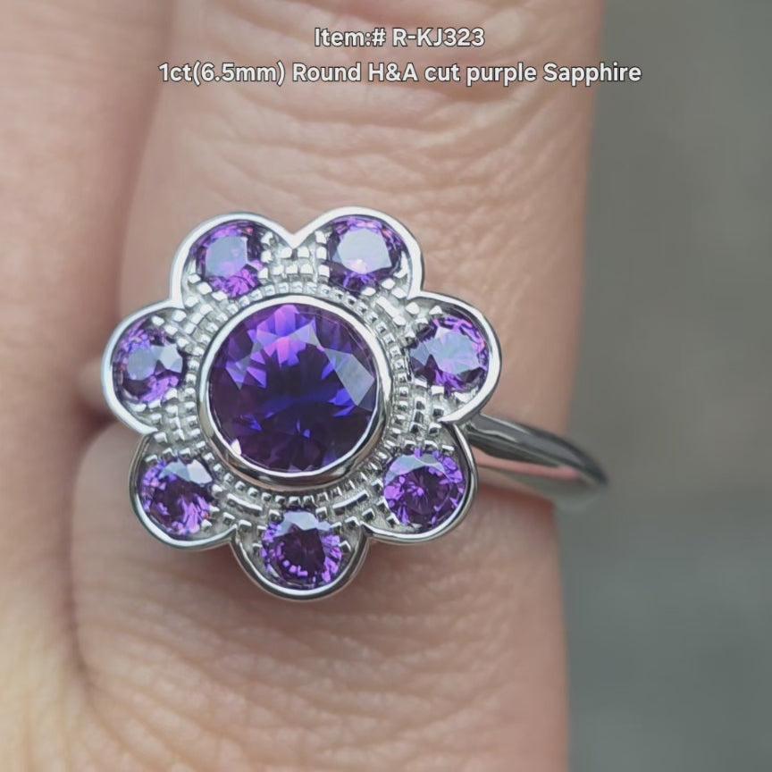 DovEggs round purple sapphire ring sparkling in sunlight video.