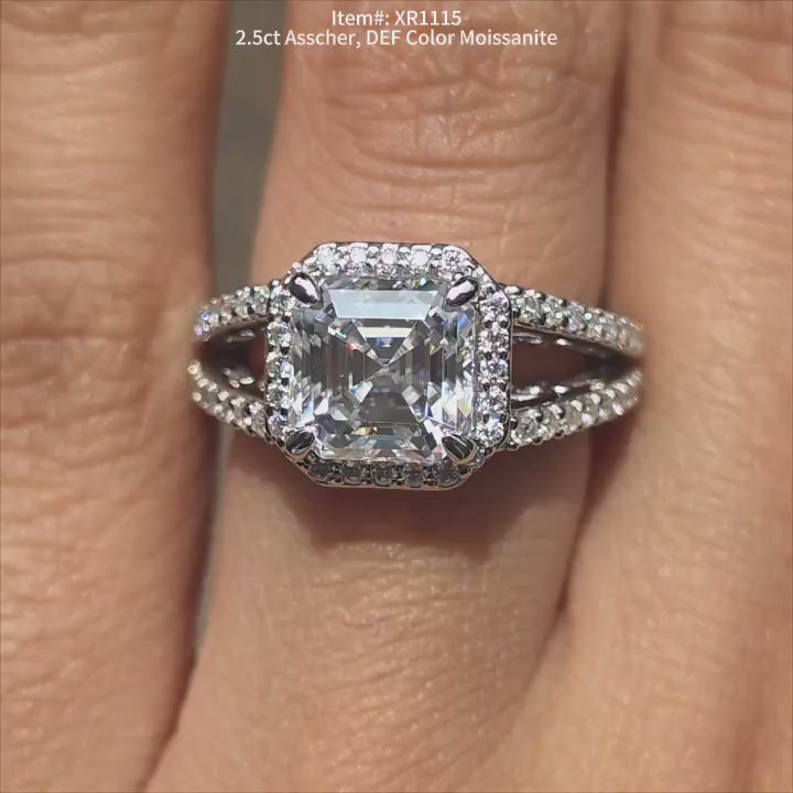 DovEggs asscher split shank halo pave engagement ring video in sunlight