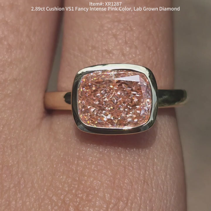 DovEggs 2.89ct Pear Cushion Fancy Intense Pink Lab Grown Diamond Ring – Bezel Engagement Ring for Women
