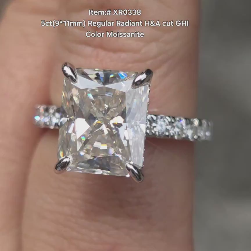 DovEggs radiant half eternity pave moissanite engagement ring in sunlight
