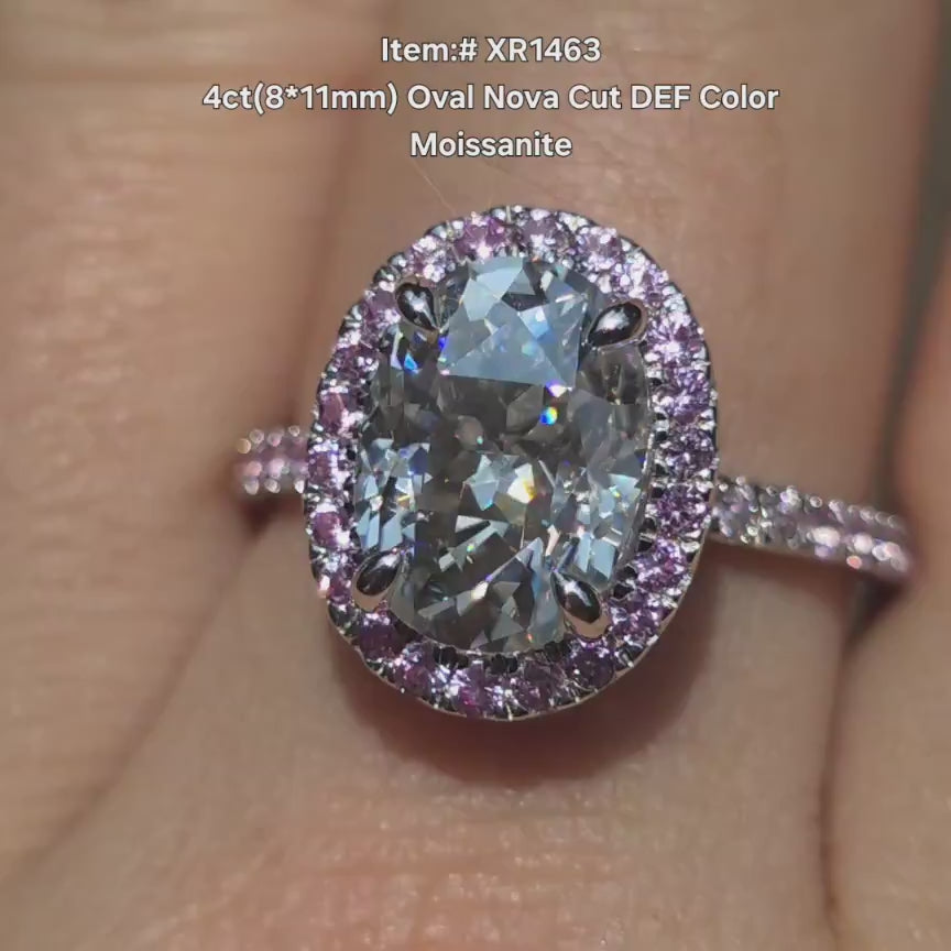 DovEggs nova cut oval with alo pave pink sapphire engagement ring in sunlight