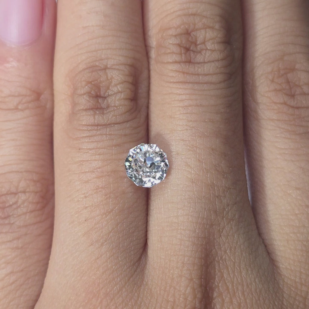 Lab diamond 1.54ct modified Sakura cut E color VS1 by DovEggs hand modeled in warm indoor light.