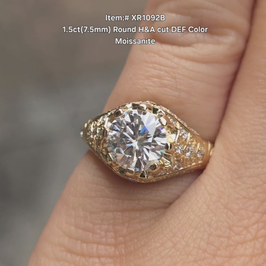 DovEggs Round H&A cut DEF color moissanite ring sparkling in sunlight video.