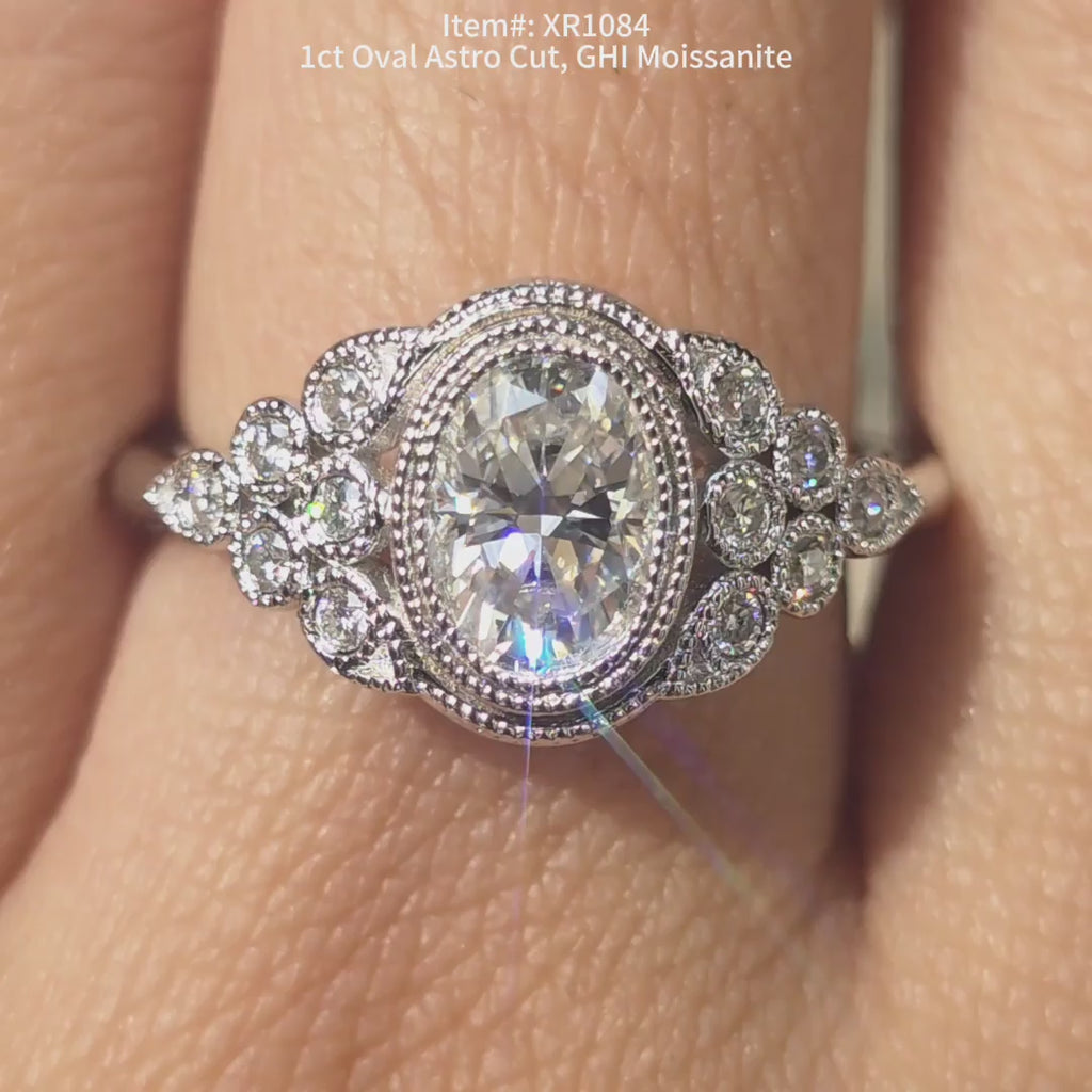 DovEggs Oval Astro cut  moissanite ring sparkling in sunlight video.