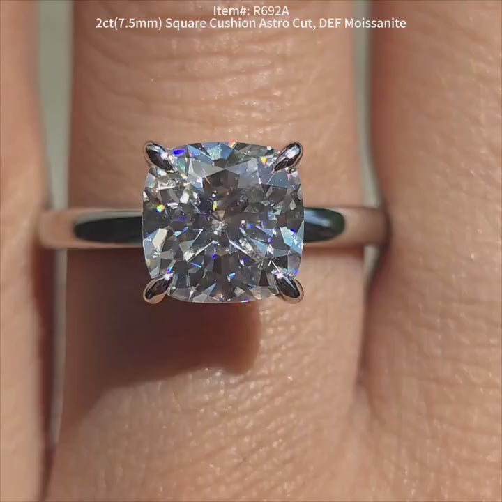 DovEggs solitaire square cushion astro cut moissnaite engagement ring in sunlight video