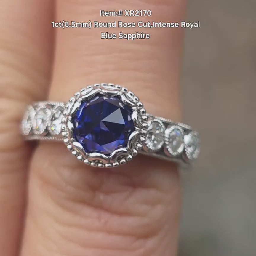 Round rose cut blue sapphire channel moissanite engagement ring|DovEggs