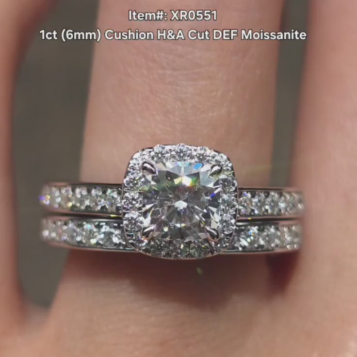 DovEggs halo square cushion moissanite engagemenr ring bridal set video