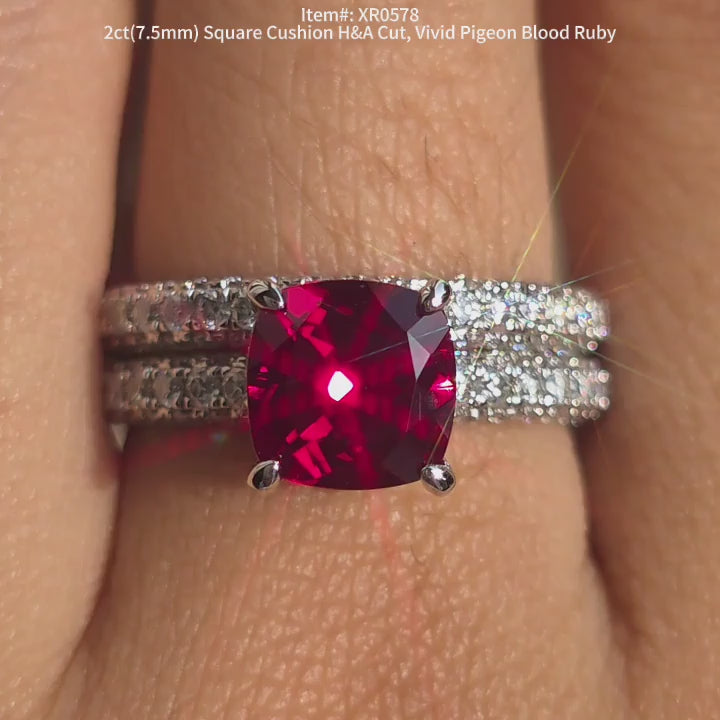 DovEggs square cushion vivid pigeon blood ruby ring sparkling in unlight video