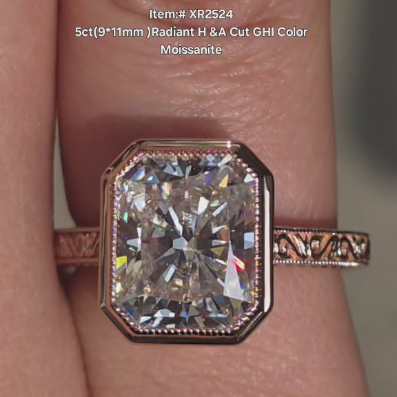 DovEggs 5ct Radiant cut moissanite engagement ring sparkling in sunlight video.