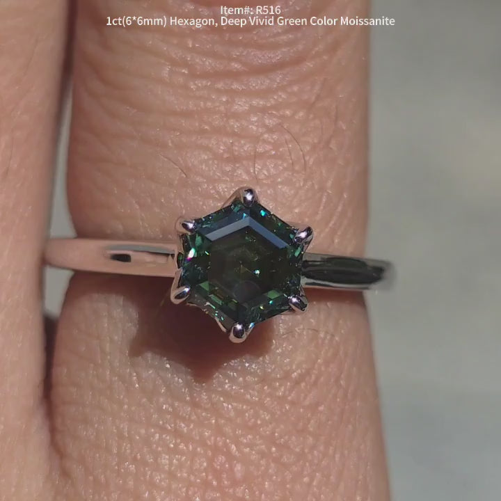 DovEggs solitaire hexagon deep vivid green colored moissanite video in sunlight