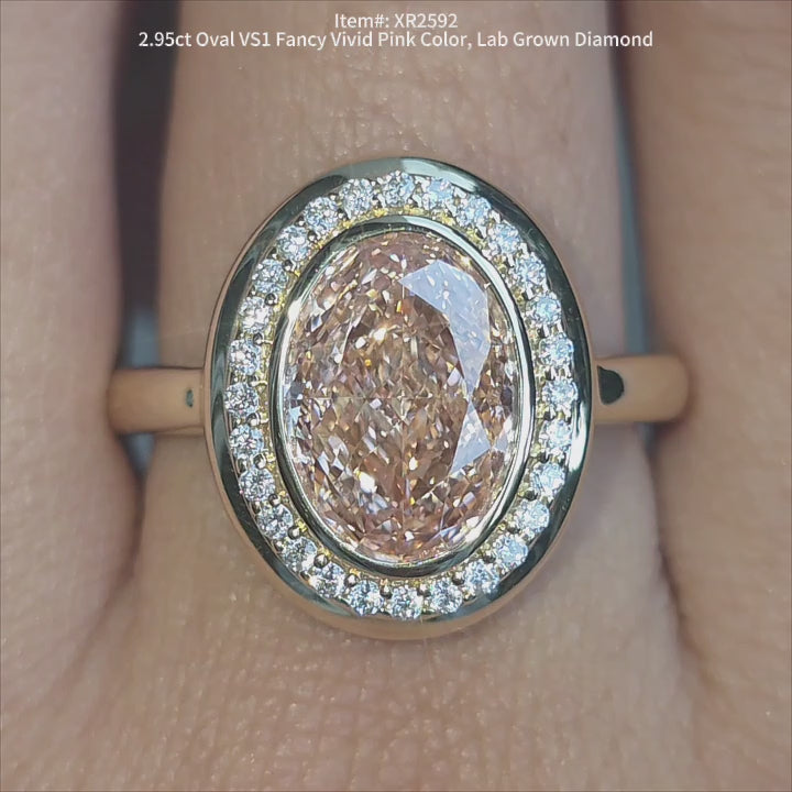DovEggs 2.95ct Oval Shaped Lab Grown Diamond Ring – Fancy vivid pink Halo Bezel Engagement Ring for Women