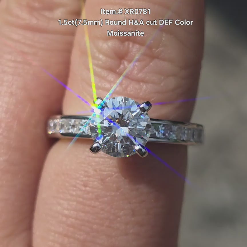 DovEggs DEF color H&A cut round  moissanite ring sparkling in sunlight video